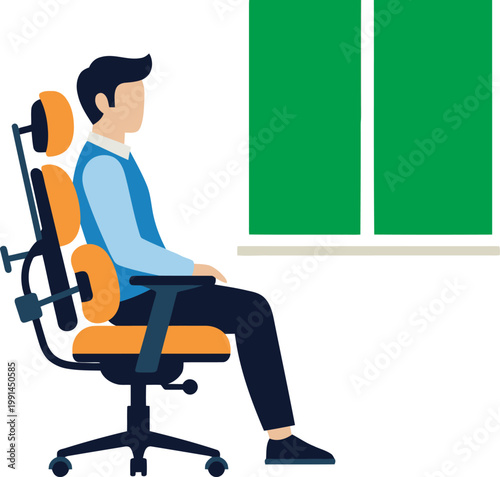 A man sits ergonomically in an office chair, demonstrating proper posture. Modern, clean illustration for workspace and wellness concepts.