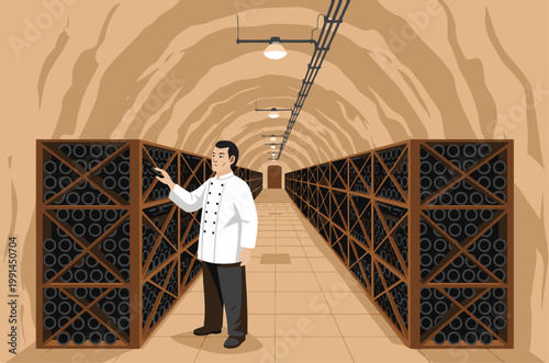 A professional sommelier inspects wine bottles in a cool, expansive cellar storage tunnel.  Detailed shelving and warm lighting create a sophisticated atmosphere.