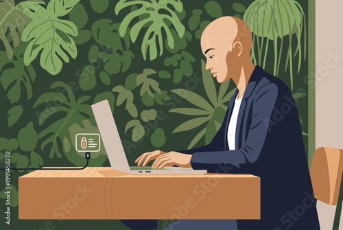 A professional man works on a laptop amidst lush greenery. Modern workspace, focused and productive.  Stylish, vibrant, and inviting.