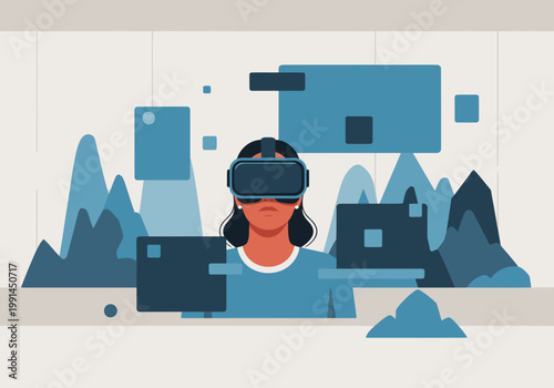 A woman relaxes in VR, immersed in a serene mountain landscape. Modern VR headset and digital display create a calming, futuristic experience. Soft blue tones and abstract shapes.