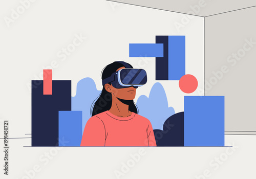 A young woman relaxes in VR, surrounded by abstract geometric shapes.  Modern, calming, and visually engaging.  Ideal for wellness and technology concepts.