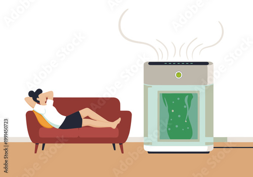 A woman relaxes on a sofa, enjoying clean air from an air purifier. The image showcases a modern purifier with algae growth, highlighting air quality benefits. A peaceful scene.