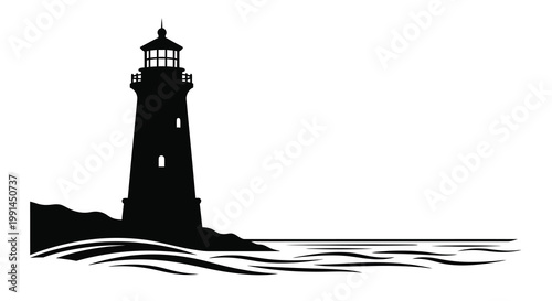 A striking black silhouette of a lighthouse against a wavy seascape