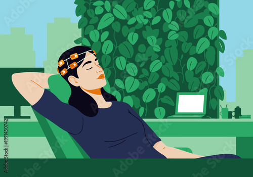 A woman relaxes with a neuro-rest device, enjoying a break in a modern office setting. Calm, focused, and productive.