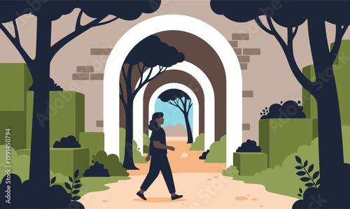 A woman strolls along a serene urban tunnel path, framed by lush greenery and arched structures. A peaceful and inviting scene for lifestyle and travel visuals.