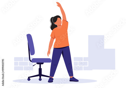A young woman stretches at her desk during an office wellness break. Bright, modern illustration promoting health and well-being. Clean, flat design.