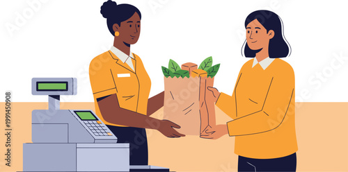 Two cashiers hand over a food bag at a checkout. A friendly exchange, showcasing retail service. Clean, modern setting.