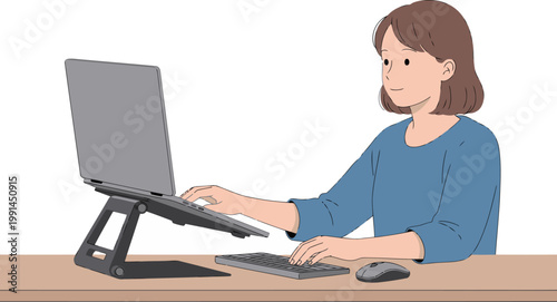 A young woman uses a laptop stand for an ergonomic workspace. She?s smiling and focused, creating a productive and modern setup. Clean, bright, and professional.