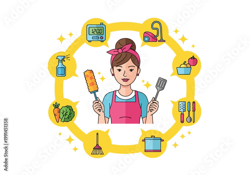 Woman Housewife Multitasking with Household Chores Icons Vector Illustration - Cleaning, Cooking, and Time Management Concept