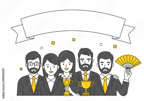 Successful Business Team Celebrating Win with Trophies and Blank Banner Vector Illustration