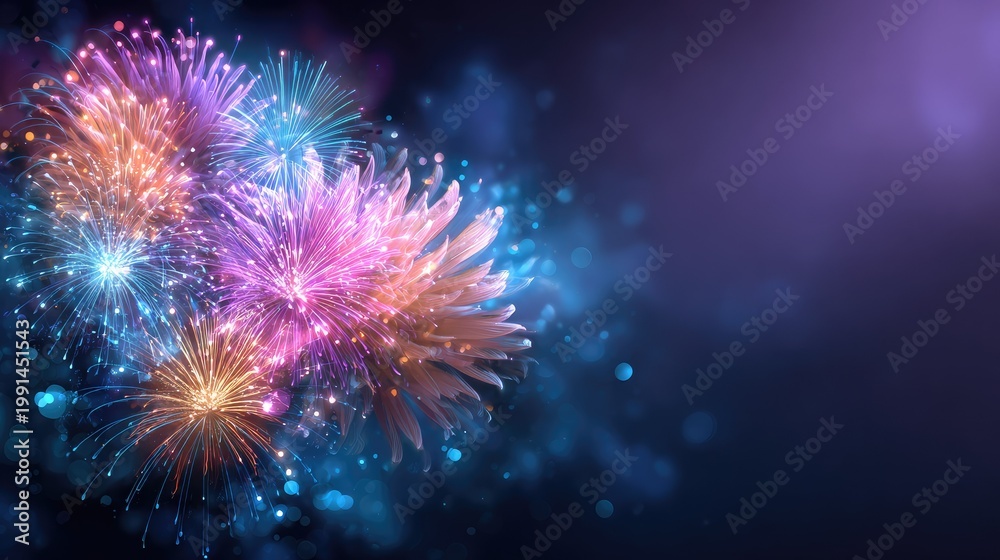 Fototapeta premium Colorful Sparkling Fireworks Bursting in the Night Sky with Bokeh Effect Creating a Festive and Joyful Atmosphere for Celebrations and Events