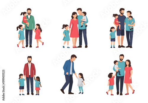 Set of Diverse Family Illustrations Featuring Parents and Children in Various Configurations; Flat Vector Design for Inclusive Community and Parenting Concepts