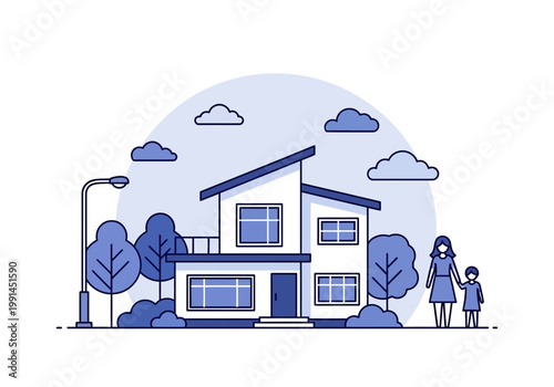 Modern Residential House with Family Vector Illustration: Real Estate, Home Ownership, and Suburban Living Concept in a Minimalist Blue Line Art Style