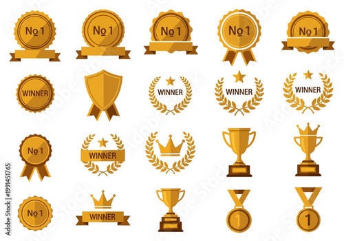 Golden Award Icon Set with Trophy, Medals, Laurel Wreaths and Number 1 Badges. Vector Elements for Success, Achievement, and Winner Recognition in Flat Style.