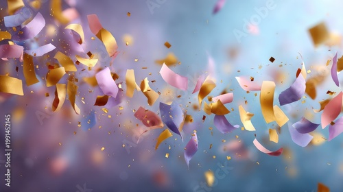 Colorful Confetti Floating in the Air Creating a Festive Atmosphere for Celebrations and Events with Soft Pastel Background and Golden Accents