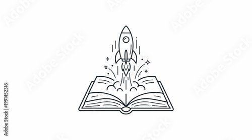 A rocket emerges from an open book in a creative illustration.