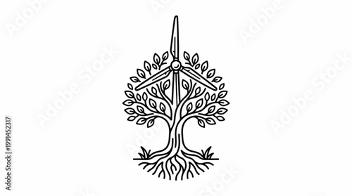 A minimalist line icon depicts a house with a tree, showcasing a dwelling surrounded by lush foliage and roots, symbolizing harmony with nature, in a stylized illustration.