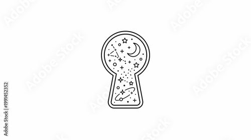 A simple line art icon reveals a starry night sky with a crescent moon and smiling face through a keyhole shape in a minimalist design.