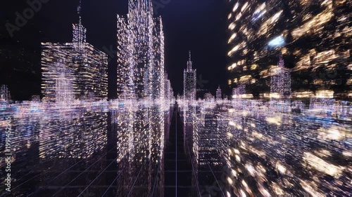 Abstract seamless loop animation of fiber optic cables carrying information into wireframe city buildings