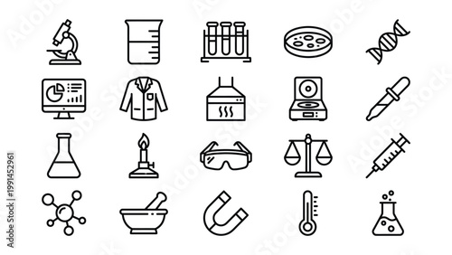 Scientific hand drawn icons for laboratory and research with test tube petri dish mortar pestle bunsen burner lab coat laboratory research illustration microscope thermometer molecule