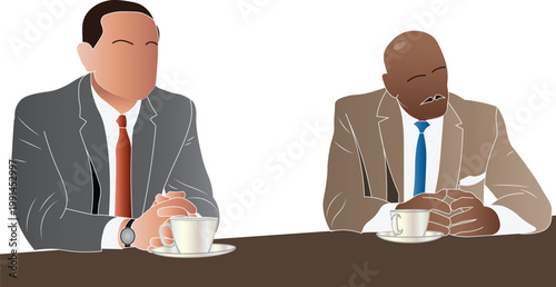 Two corporate men conducting interviews with tea on their table vector illustration. Black man and white man conducting interviews