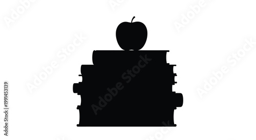 An apple rests atop a stack of books depicted in dark silhouette