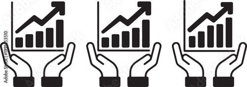 Bar graphs trending upward are held in open hands to illustrate business growth, financial success, and positive economic performance metrics for corporate development strategy presentations.