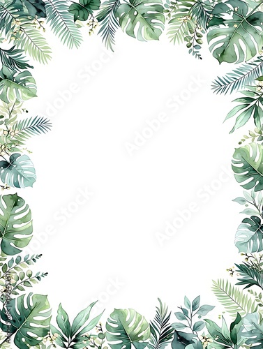 Tropical leaf frame with watercolor monstera and palm foliage. Botanical border design with copy space for text. Exotic nature illustration for wedding invitation and greeting card.