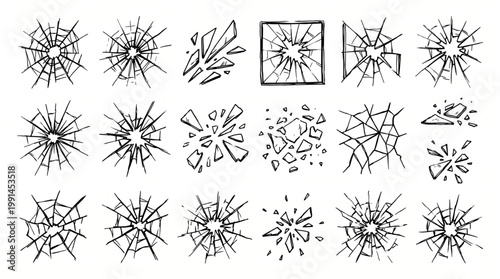 Hand drawn abstract minimal element, broken glass textures vector set.