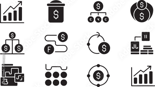 Financial analysis charts, currency flow diagrams, and investment cycles illustrate complex economic concepts and business strategies in a minimalist black and white vector icon collection.