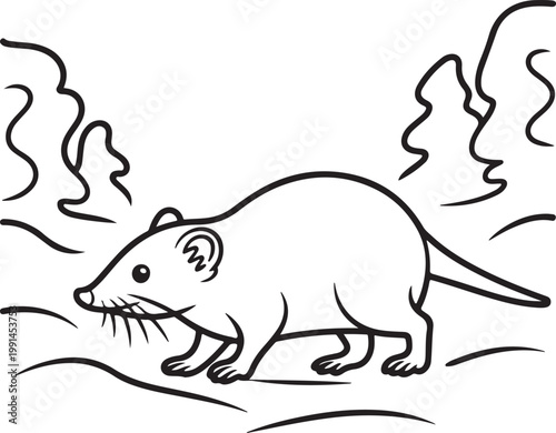 Minimalist black and white line of a small mouse walking in a landscape with stylized trees