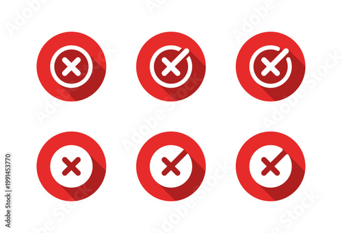 Cross mark icon set with long shadow. Rejection badge symbol. Validation error sign