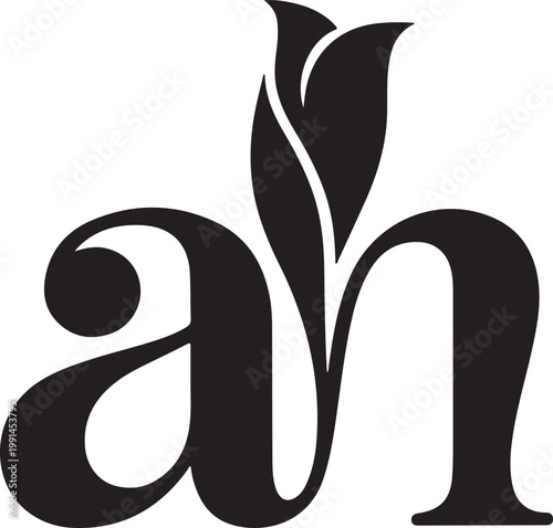 Lowercase letters ah monogram with a floral tulip motif on a solid white background surface