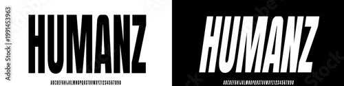 Humanz Condensed font and italic, narrow alphabet, stretched letters and numbers, vector illustration 10EPS