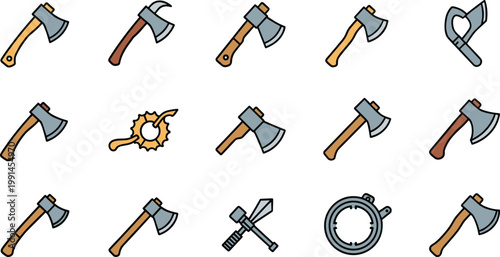 Axe and Hatchet Vector Icon Set with Steel Wood Cutting Tools