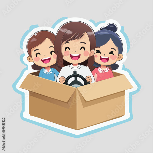 Three smiling girls in a cardboard box pretending to drive