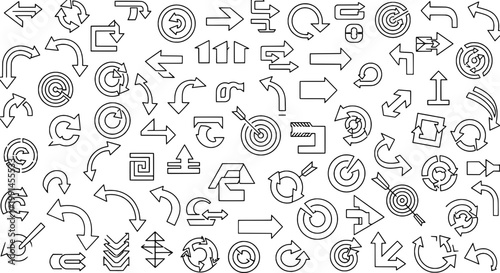 Arrows network concept with thin line icons, circular loops, branching paths, reload symbols and directional movement for diagrams