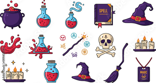 Magic Halloween Vector Set Witch Hat Potion Spellbook Icons