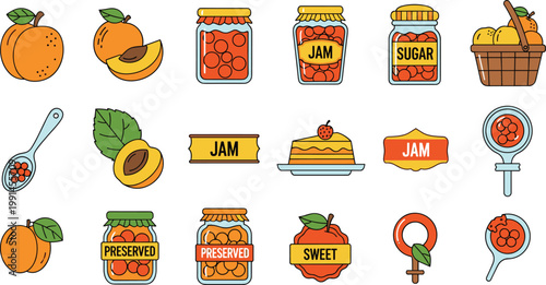 Peach and Apricot Fruit Jam Vector Set with Preserved Jars and Dessert