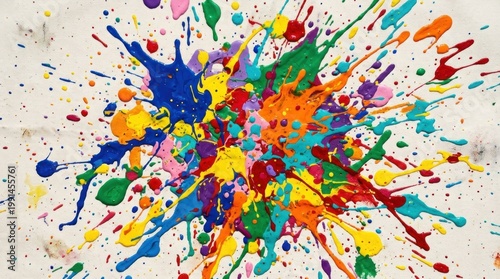 A colorful abstract painting with splashes of paint in various colors on a white background.