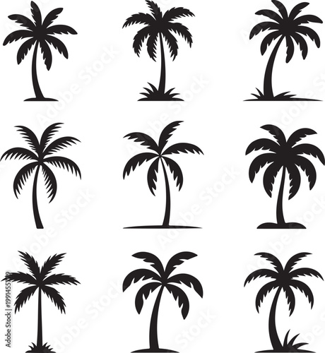 Nine unique black palm tree silhouettes with various trunk styles isolated on white background