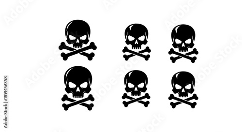 Skull and crossbones emblem set with bold vector icon shapes for danger, pirate, and warning themes featuring death head, hazard, toxic with peril