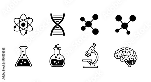 Science icons set with atomic structure, DNA strand, molecules, lab equipment, and brain illustration