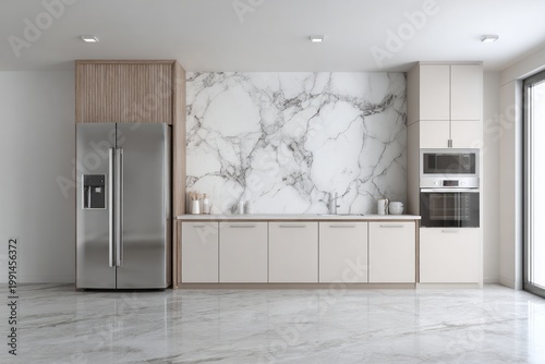 Modern kitchen features a stainless steel refrigerator and built-in appliances.