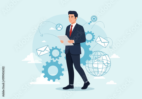 Businessman Managing Global Operations and Digital Communication Concept Illustration. Professional Manager Holding Tablet with Business Icons like Gears, Globe, and Emails.