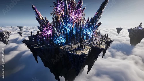 A futuristic, crystalline structure rises from a rugged, rocky outcrop amidst clouds