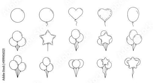 Balloons hand drawn set with various shapes and styles featuring heart-shaped, star-shaped, round with cluster and single elements for double, triple