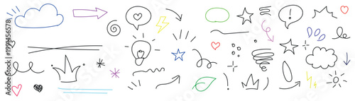 A versatile collection of colourful hand drawn doodle elements for creative design projects