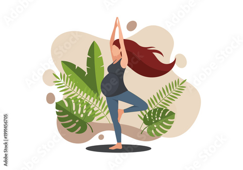 Pregnant Woman Practicing Yoga in Tree Pose Illustration - Healthy Pregnancy and Wellness Concept with Tropical Leaves