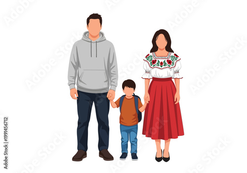 Hispanic Family Illustration: Parents Holding Hands with Young Son, Mother in Mexican Traditional Dress, Minimalist Vector Art Isolated on White Background